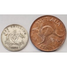 AUSTRALIA 1935 . ONE 1 SHILLING and 1964 ONE 1 PENNY